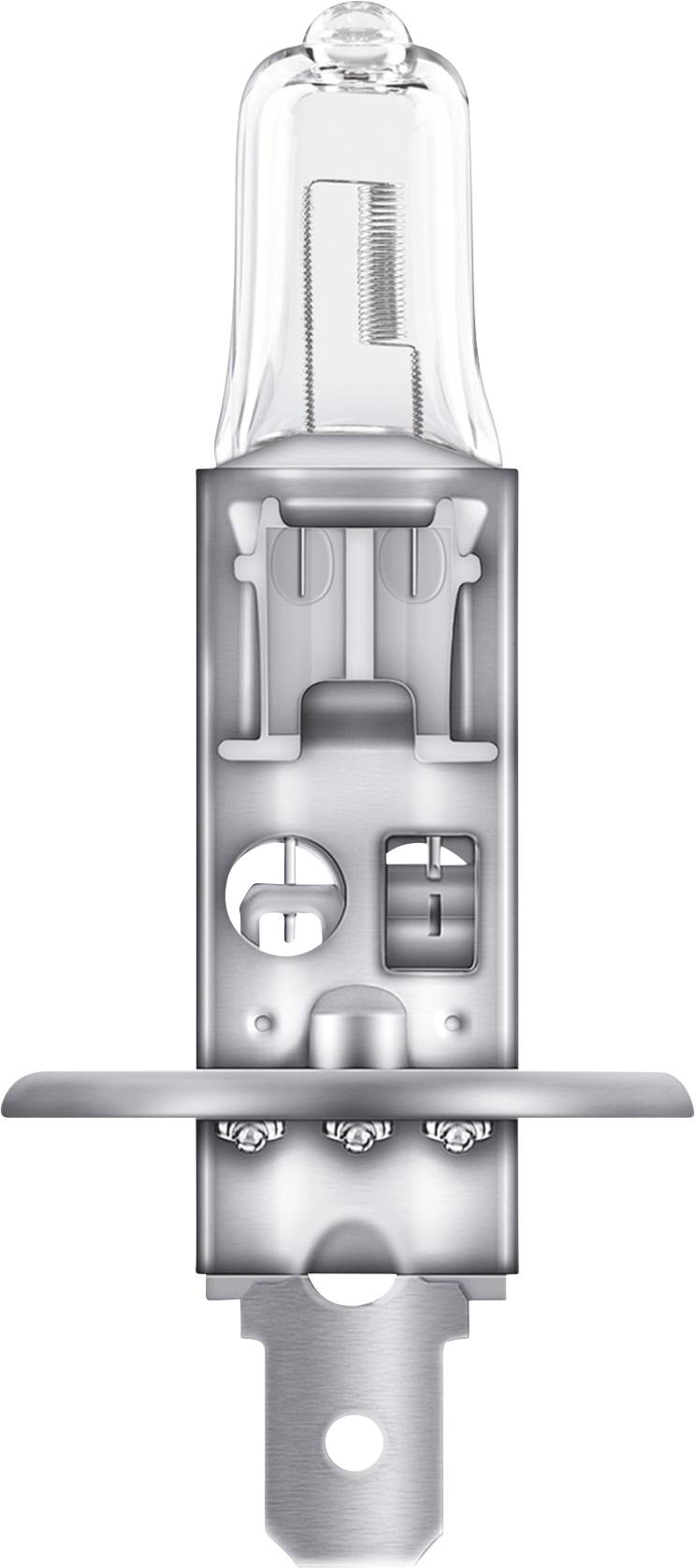 Lampe halogène métallique avec verre transparent et filament visible, disposée verticalement.