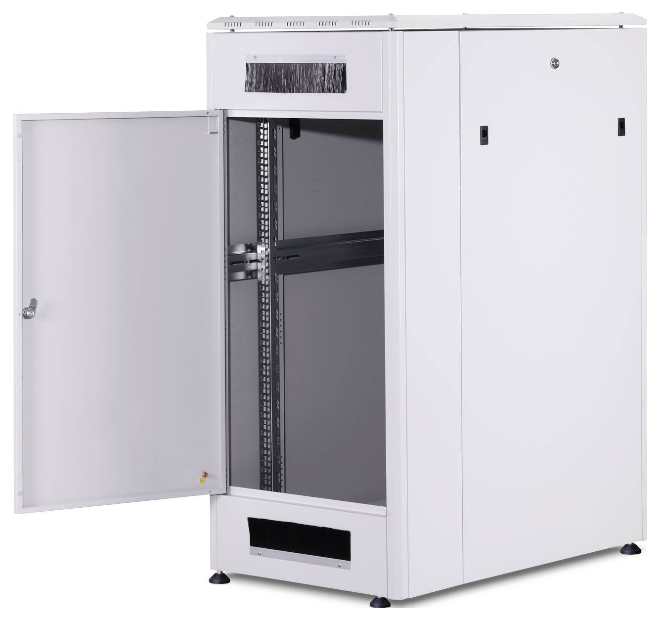 Un rack serveur blanc ouvert avec une porte en métal. Adapté pour l'installation d'équipements réseau et de serveurs dans un centre de données.