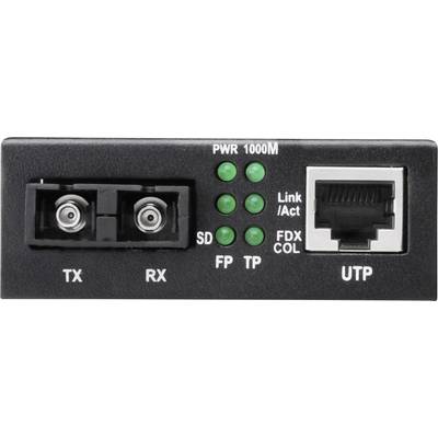 'Vue frontale du convertisseur de média avec ports TX, RX, port UTP et voyants PWR, SD, FP, TP, Link/Act, FDX, COL. Connexion Gigabit.'