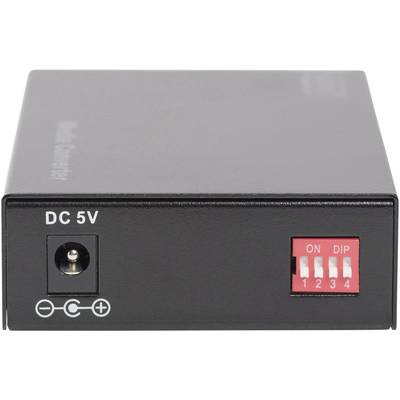 Appareil électronique noir avec connexion DC 5V et quatre interrupteurs DIP numérotés de 1 à 4, marqués par 'ON'.