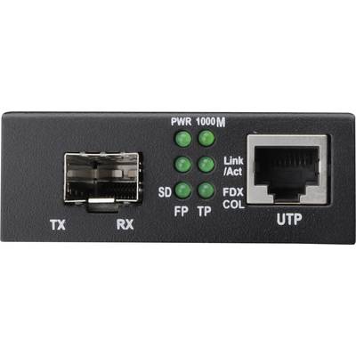 Un adaptateur réseau noir avec des voyants LED pour l'alimentation, l'activité réseau et la vitesse de connexion ; ports pour TX, RX et UTP.