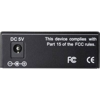 Dos d'un appareil électronique avec une connexion DC 5V et la mention : « Cet appareil est conforme à la partie 15 des règles de la FCC », ainsi que les symboles FCC et CE.