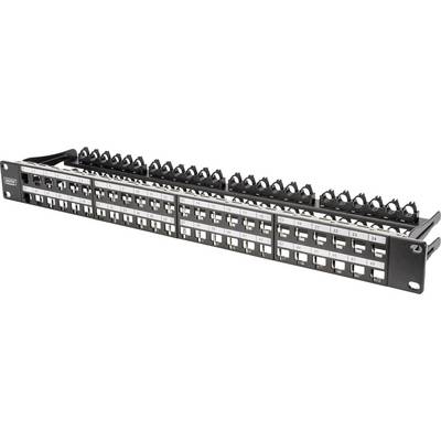 Un panneau de brassage avec plusieurs ports Ethernet, numérotés de 1 à 24, pour l'organisation et la gestion des câbles réseau.