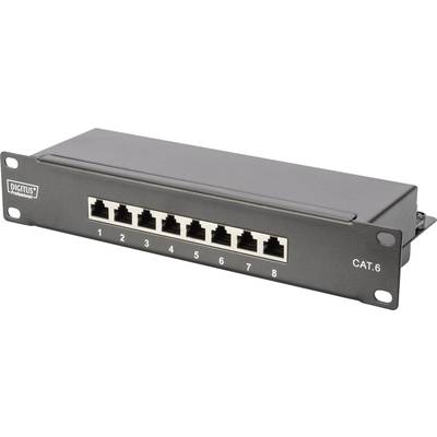 Un panneau de brassage CAT.6 avec 8 ports Ethernet dans un support métallique, étiqueté avec les numéros 1 à 8, pour les connexions réseau.