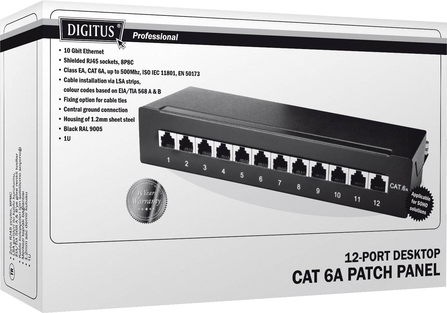 Panneau de brassage de bureau CAT 6A à 12 ports, emballé : Ethernet 10 Gbit, ports RJ45 blindés, conforme IEC, format compact.