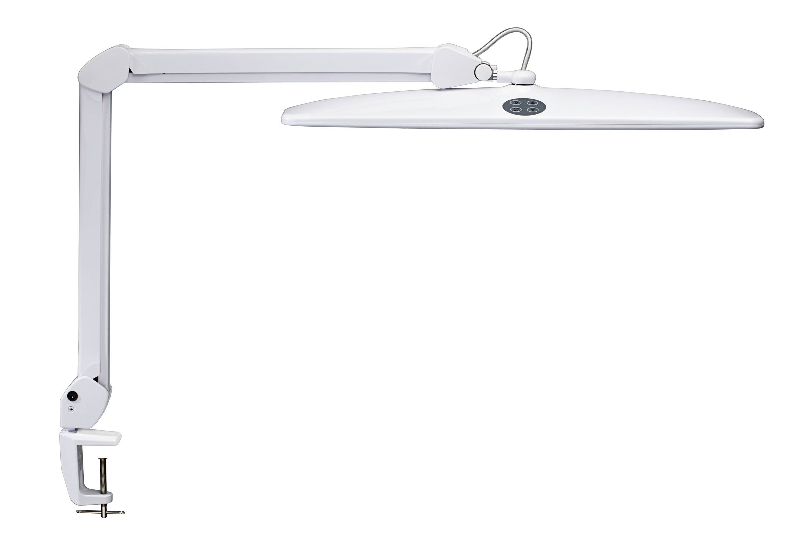 Lampe de bureau réglable blanche avec long bras horizontal et support à pince, sur fond blanc.
