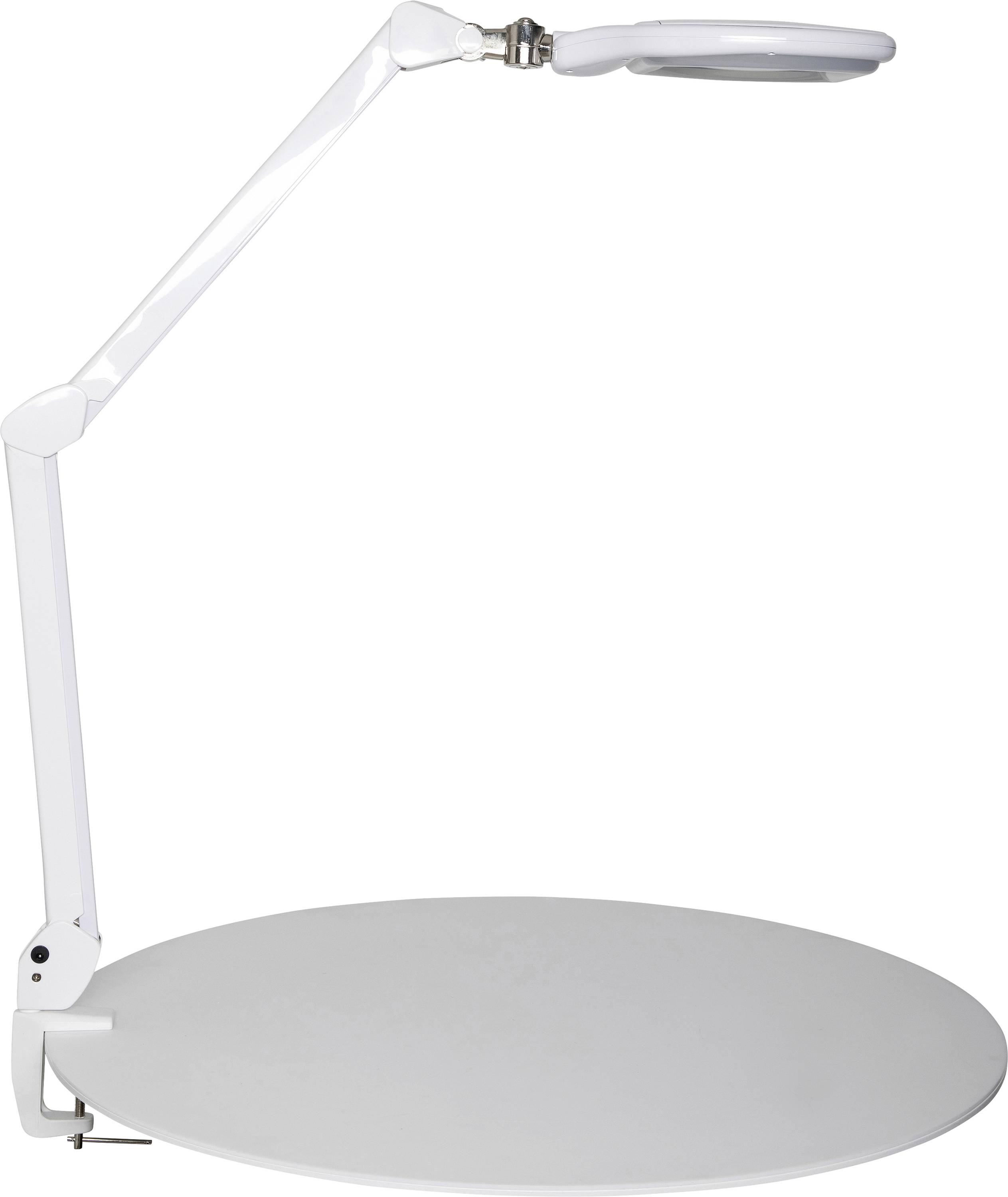 Une lampe de bureau avec un bras articulé et une loupe circulaire à son extrémité supérieure. Elle est blanche et au design épuré.