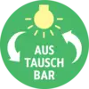 Symbole circulaire avec une ampoule, des flèches et le texte 'INTERCHANGEABLE', indiquant des sources lumineuses interchangeables.