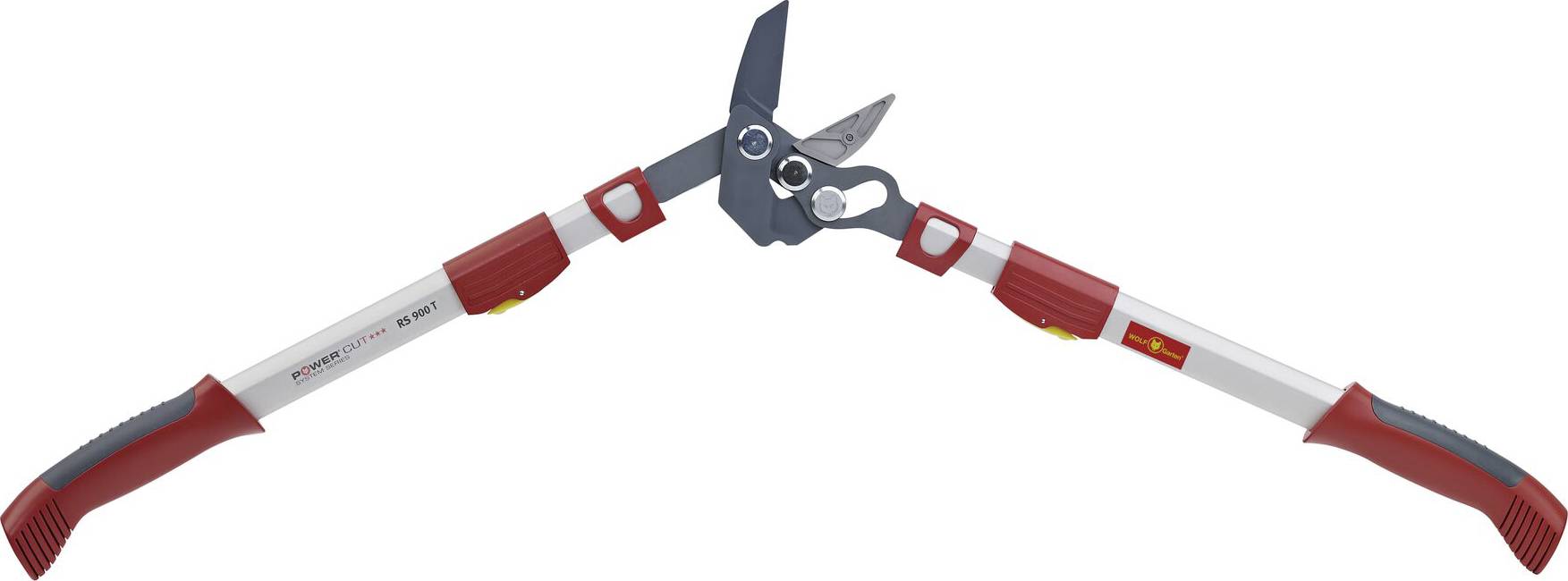 Sécateur à longues poignées rouges et lames tranchantes, adapté pour couper des branches dans les jardins ou lors de l'entretien paysager.
