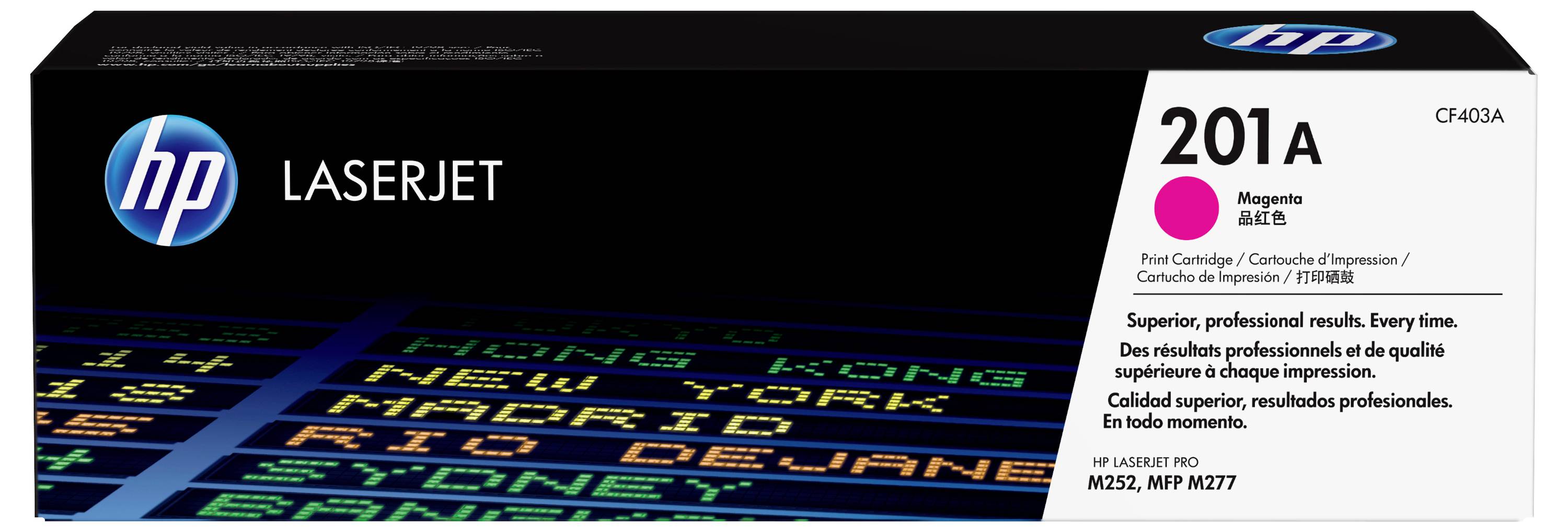 Boîte de cartouche de toner magenta HP LaserJet 201A, affichant le modèle CF403A avec une image d'impression d'échantillon sur l'emballage.