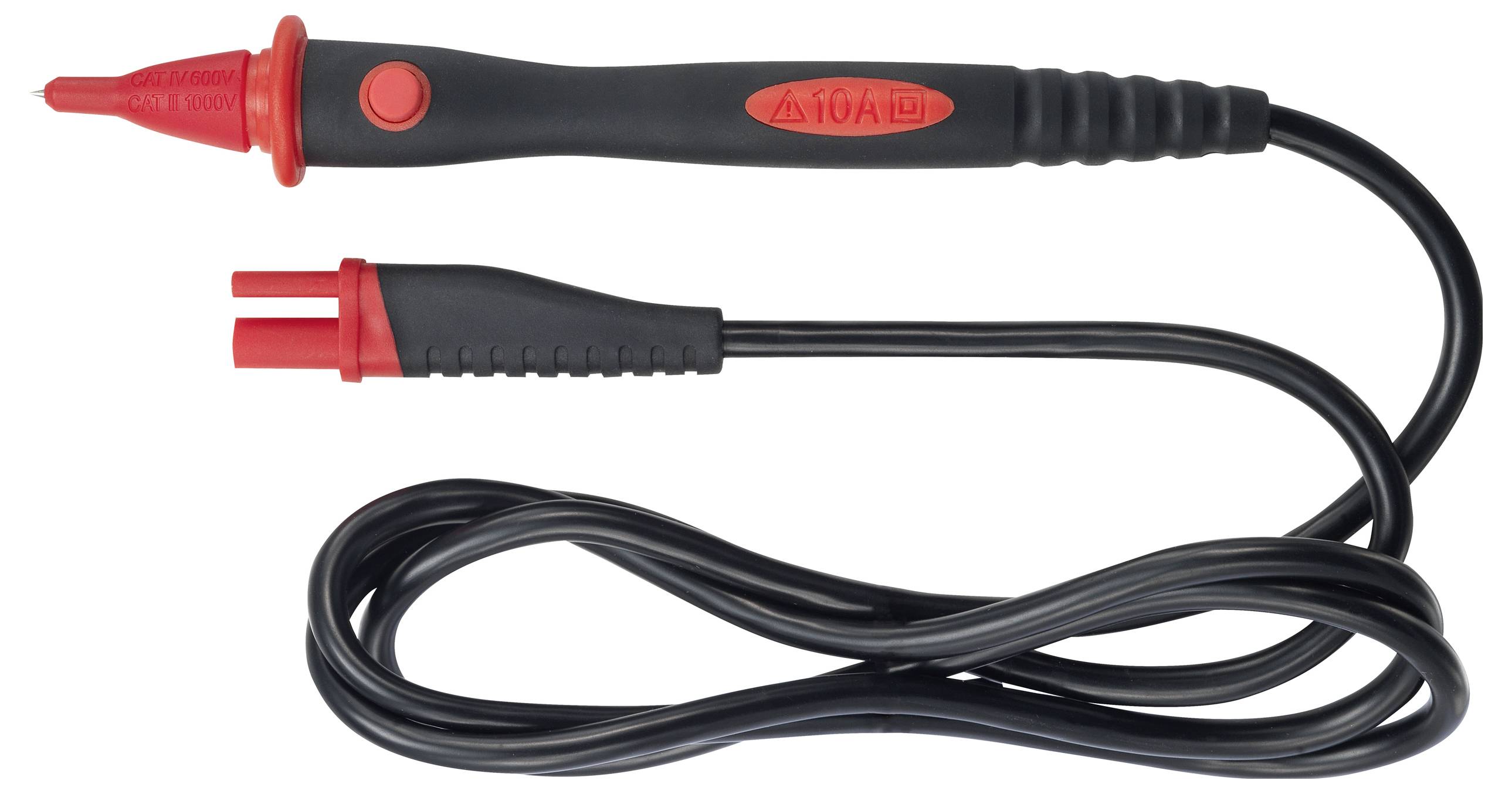 « Un câble de test de sonde rouge et noir avec un fil enroulé et une marque de 10A. »