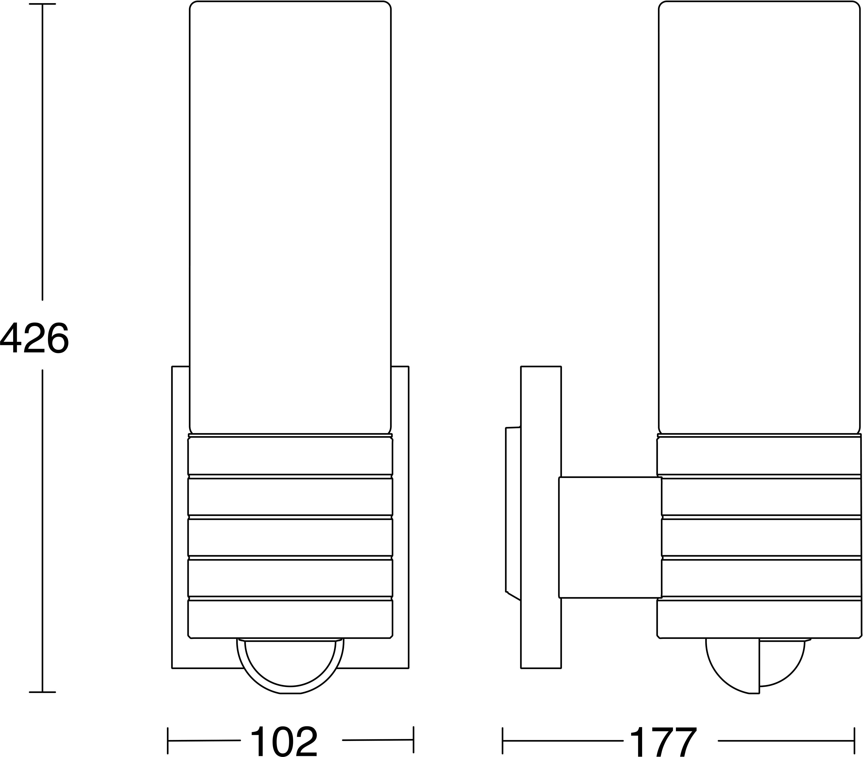 Dessin technique d'un composant cylindrique montré en vues de face et de côté, avec des dimensions étiquetées 426, 102 et 177.