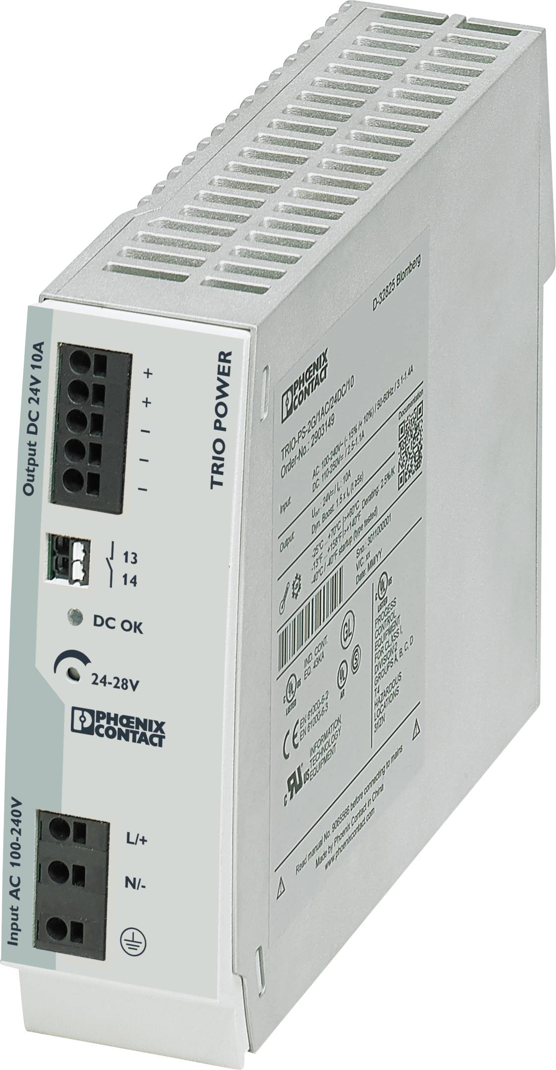 Unité d'alimentation électrique aux normes industrielles, représentée par un dispositif rectangulaire avec des bornes de connexion et des spécifications techniques sur sa face latérale.