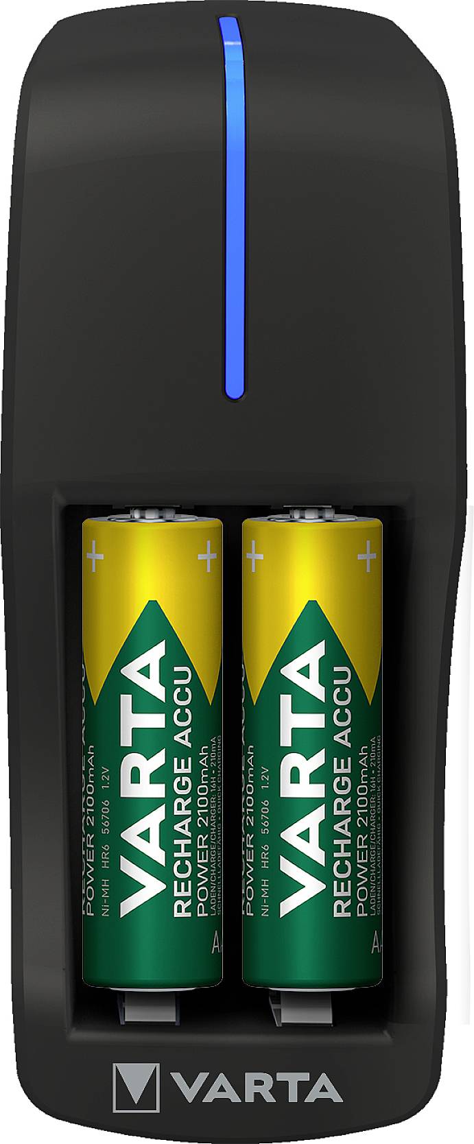 Un chargeur noir avec deux batteries rechargeables VARTA insérées, colorées en vert et jaune, sur une surface blanche.