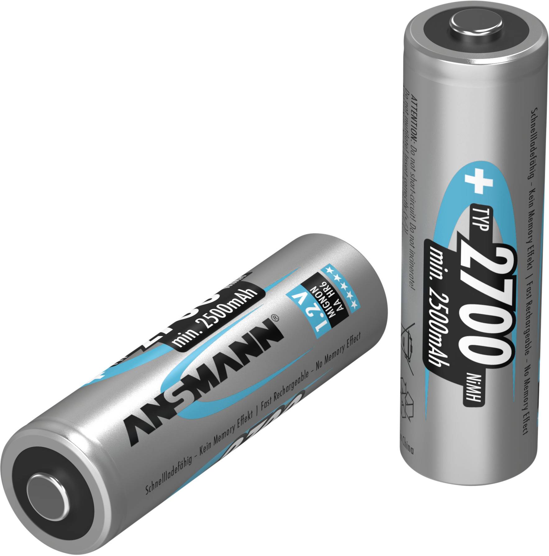 Deux piles AA, l'une debout et l'autre couchée. Les deux ont une capacité de 2500 mAh, marquées 'ANSMANN'.