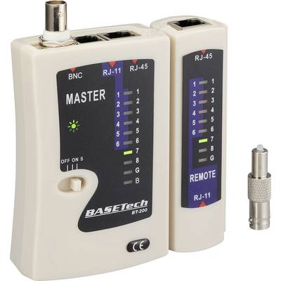 Un testeur de câble réseau beige avec des sections étiquetées « Master » et « Remote », doté de ports pour connexions BNC, RJ-11 et RJ-45.
