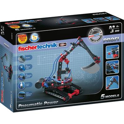 Boîte de construction de jouets pour 'fischertechnik Pneumatic Power', convenant aux enfants à partir de 8 ans, présentant différents modèles.