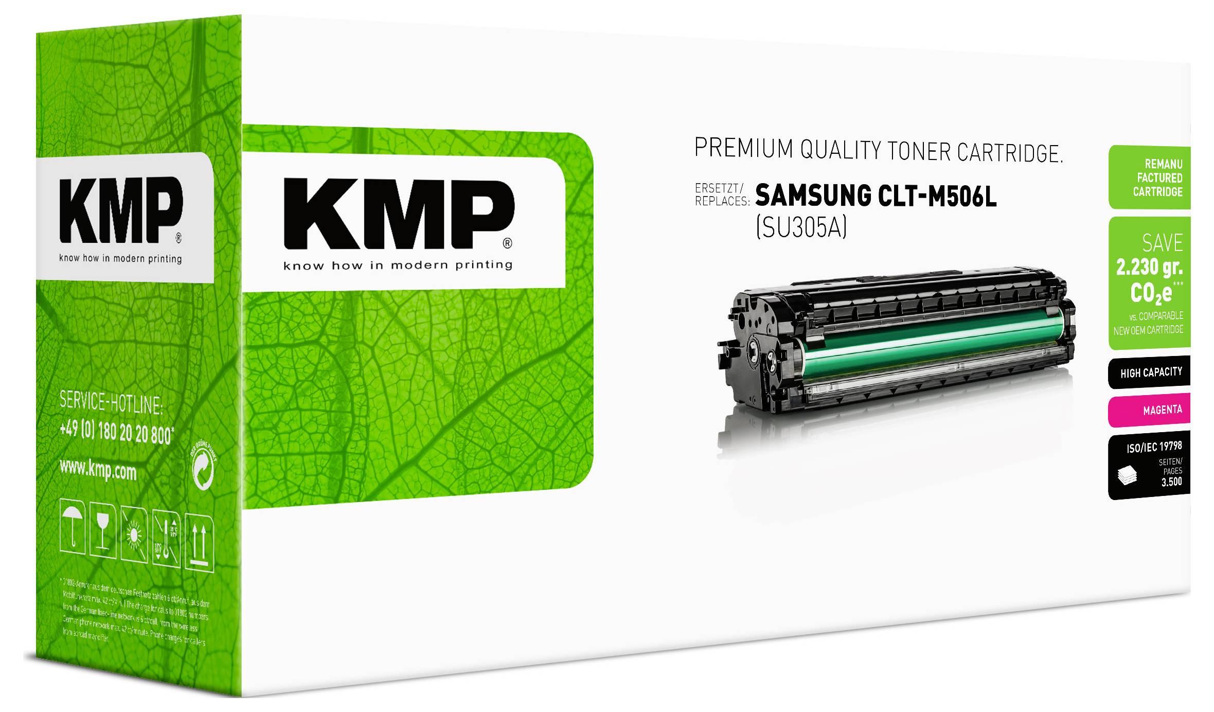 Boîte de cartouche de toner de qualité premium KMP pour Samsung CLT-M506L, présentée avec l'emballage KMP vert et l'image de la cartouche.