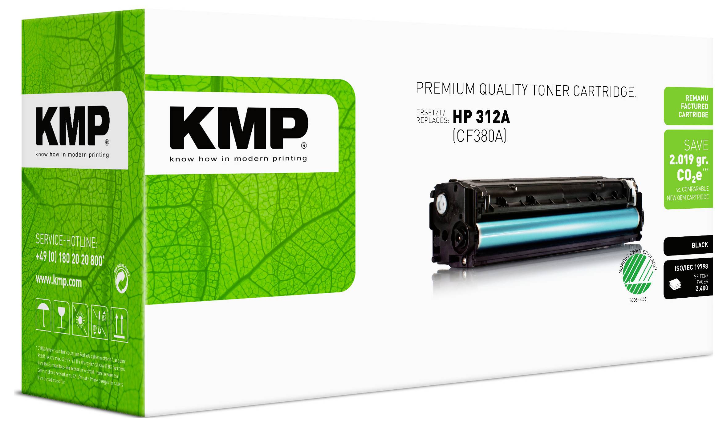 Boîte de cartouche de toner de qualité premium KMP pour HP 312A (CF380A), toner noir, avec étiquettes de recyclage et d'économies.