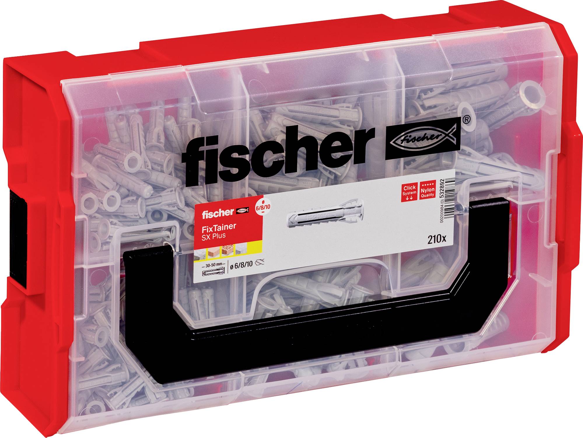 Boîte en plastique transparent avec un bord rouge, remplie de chevilles grises. Étiquette avec 'fischer', 'FixTainer' et détails du produit.
