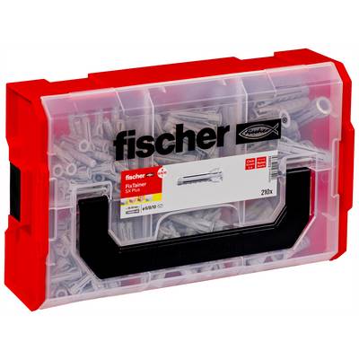 Assortiment de chevilles murales Fischer FixTainer SX Plus dans un coffret de rangement rouge et transparent, étiqueté « 210x » avec des chevilles assorties visibles à l'intérieur.
