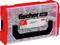 Boîte en plastique transparent avec un bord rouge, remplie de chevilles grises. Étiquette avec 'fischer', 'FixTainer' et détails du produit.