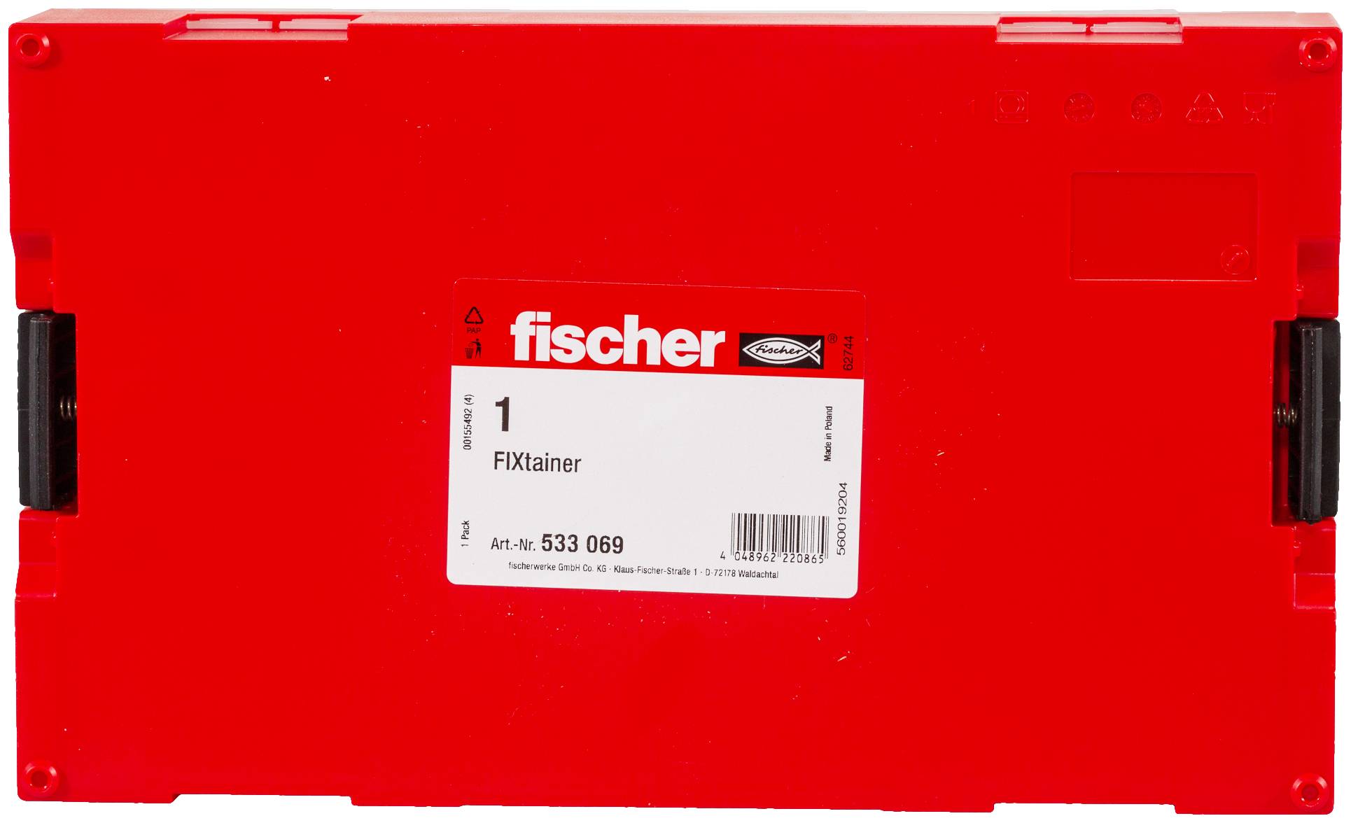 Boîtier FIXtainer en plastique rouge Fischer avec une étiquette centrale affichant « 1 FIXtainer » et le numéro de produit 533 069.