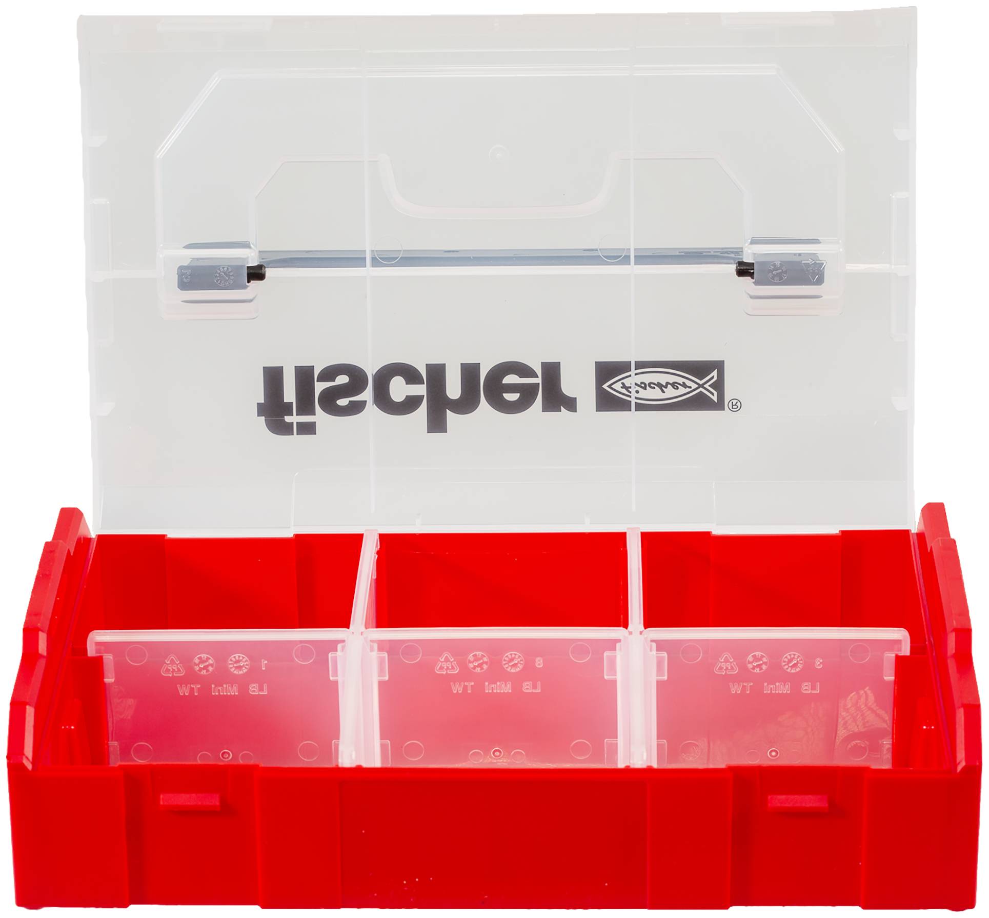 Boîte à outils de pêche en plastique rouge et transparent avec trois compartiments de rangement rouges et un couvercle transparent étiqueté « tischer ».