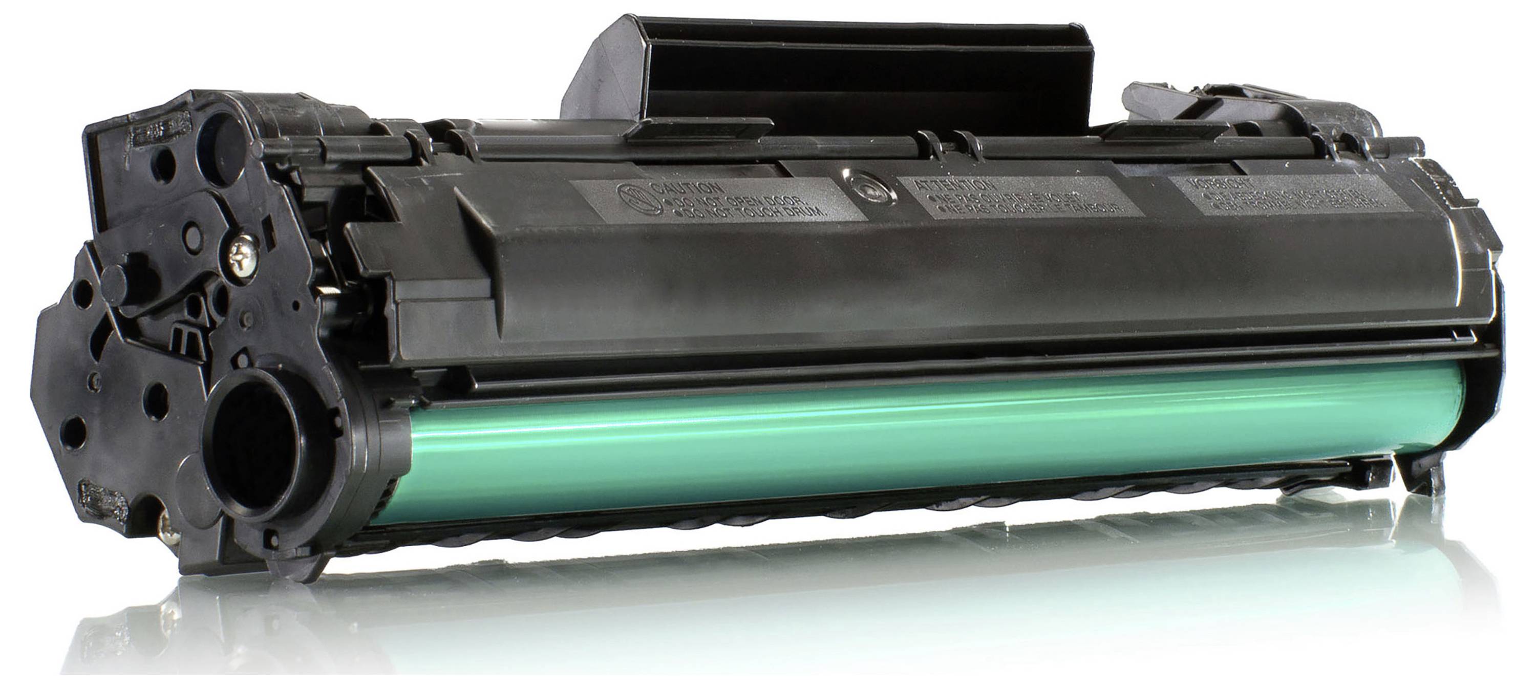 Cartouche de toner imprimante noire avec unité de tambour vert sur fond blanc, présentée en vue latérale.