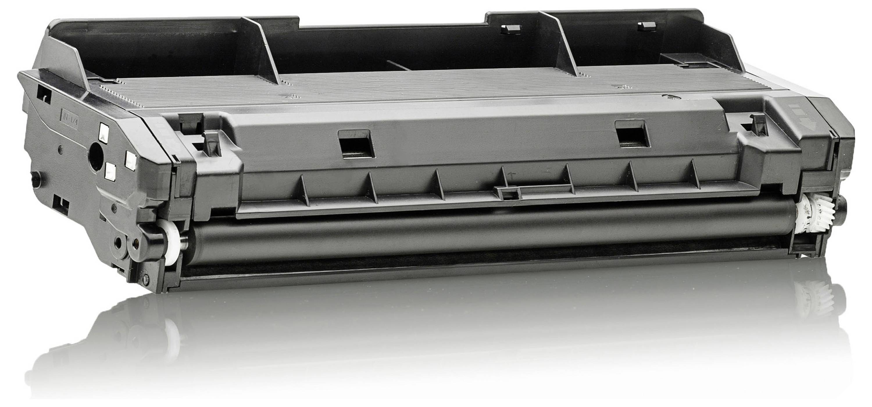 Cartouche de toner pour imprimante noire isolée sur fond blanc, présentée en vue de côté.