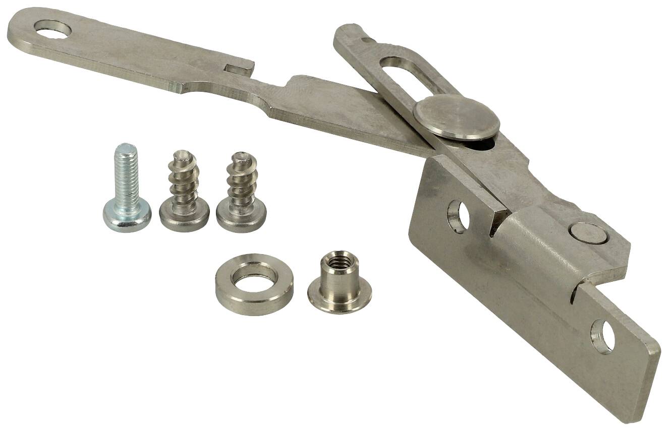 Charnière métallique avec vis et rondelle, vue de dessus. Essentielle pour la fixation ou le montage de pièces de mobilier.