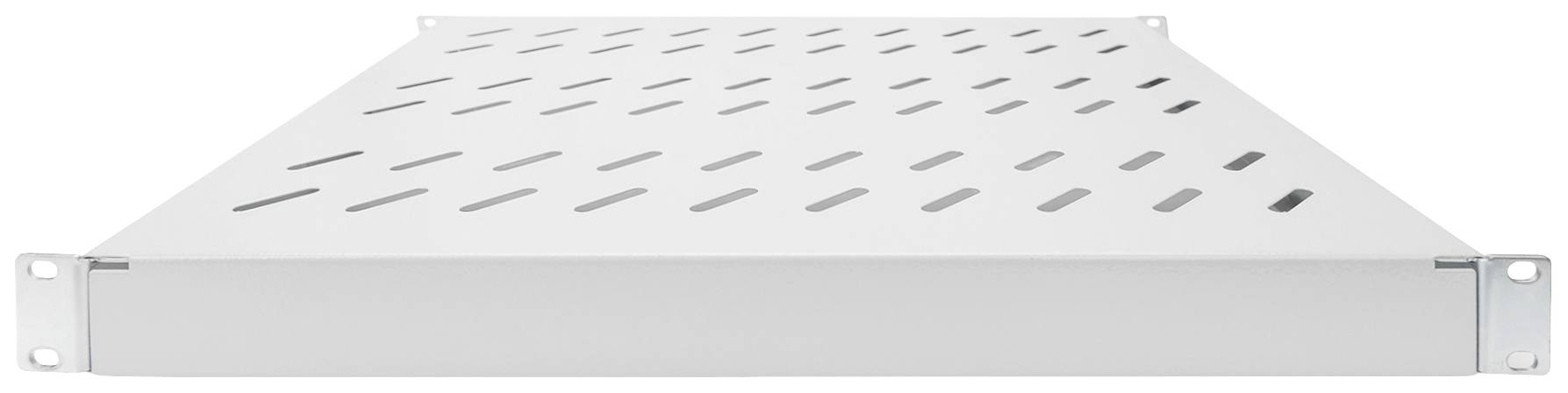 Tablette de rayonnage métallique en matériau perforé, adaptée au montage dans un rack 19 pouces.