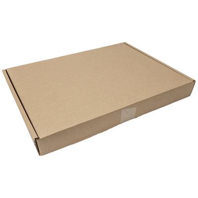 Une boîte en carton plate, fermée, rectangulaire, brune et sans inscription, repose sur une surface claire.