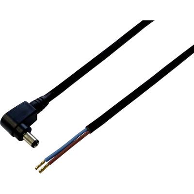 Câble noir avec fiche DC coudée à angle droit et fils apparents en rouge et bleu, adapté pour les connexions électriques.