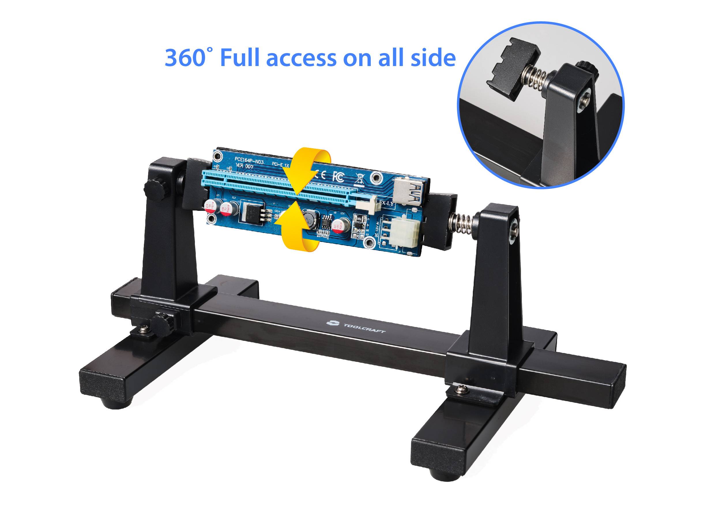 Un support de PCB rotatif permet un accès à 360 degrés pour toutes les faces. Un diagramme montre le support en détail.