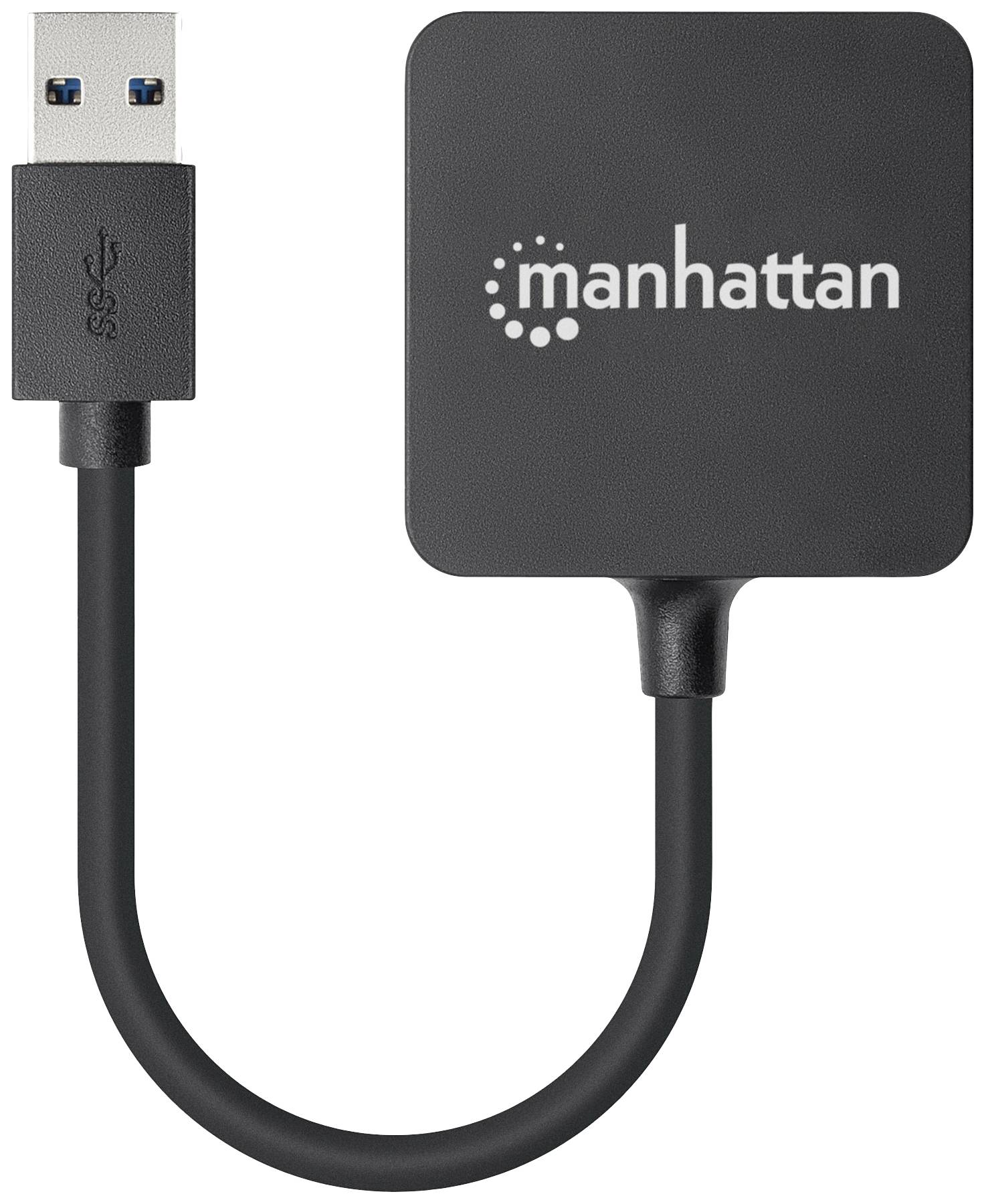 Un hub USB noir portant l'inscription 'manhattan'. Il présente un design carré et un câble de connexion USB.