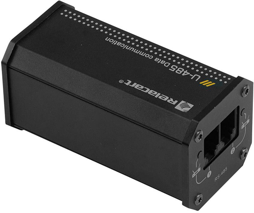 Un adaptateur noir rectangulaire de 'Rielta' pour la communication de données RS-485 avec deux connexions d'un côté.
