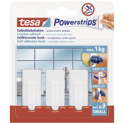 Emballage des tesa Powerstrips : Trois crochets autocollants devant un fond de carrelage, pour une charge jusqu'à 1 kg. Contient 4 petits Powerstrips.