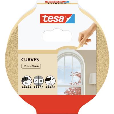 Emballage 'Tesa Curves' : ruban de 25 m x 25 mm. Montre une main appliquant un ruban adhésif flexible sur une paroi courbe, avec une vue sur une fenêtre donnant sur un arbre d'automne.