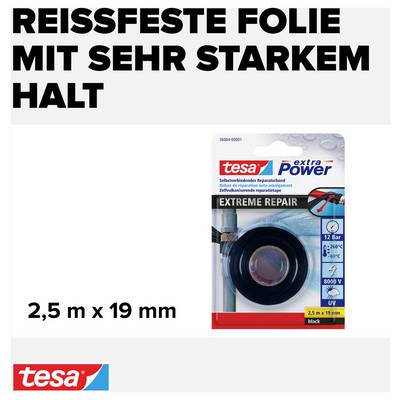 « Film très résistant à la déchirure avec une adhérence extrêmement forte » est inscrit en haut. On voit une boîte de ruban adhésif tesa extra Power Extreme Repair, 2,5 m x 19 mm.