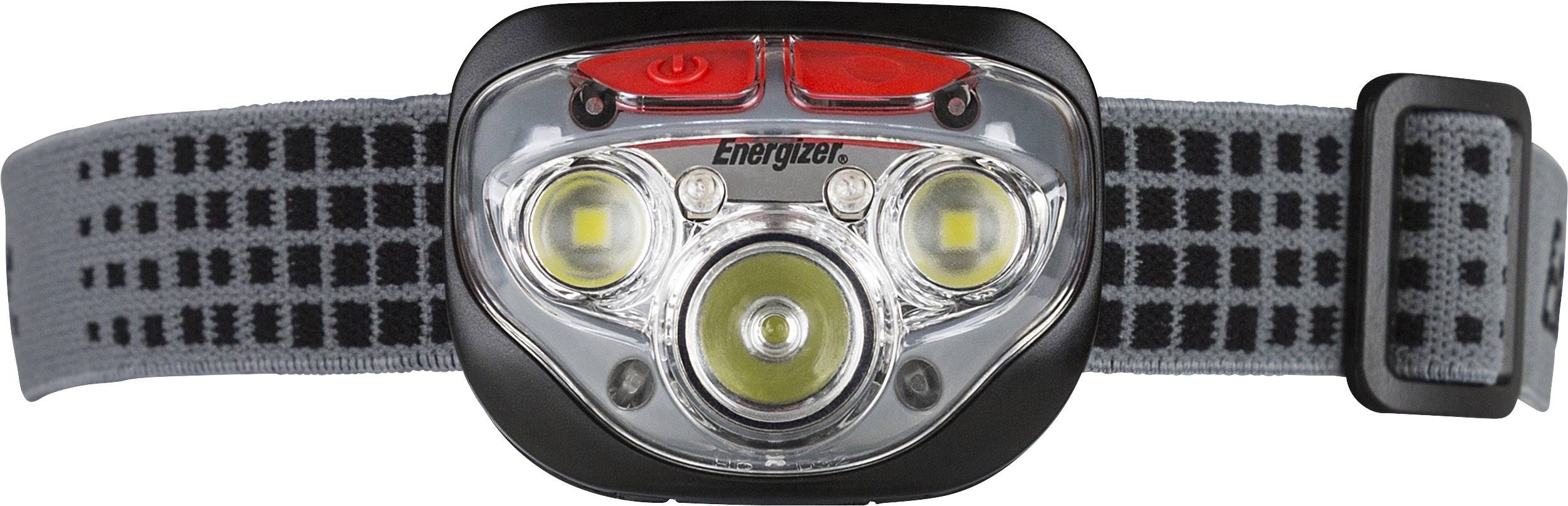 Lampe frontale avec bandeau réglable gris et trois LED, deux blanches et une rouge, pour un éclairage mains libres.