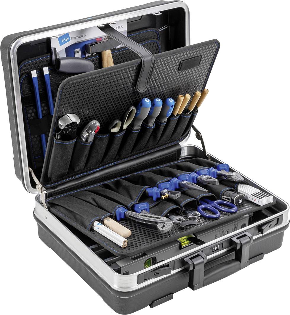 Une valise à outils ouverte contenant divers outils tels que des pinces, des tournevis et des ciseaux, soigneusement rangés.