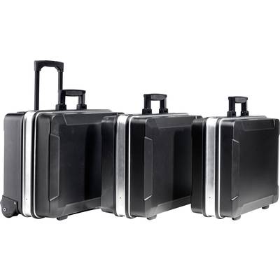 Trois valises rigides noires de différentes tailles sont alignées côte à côte, chacune dotée de poignées et d'un design robuste.
