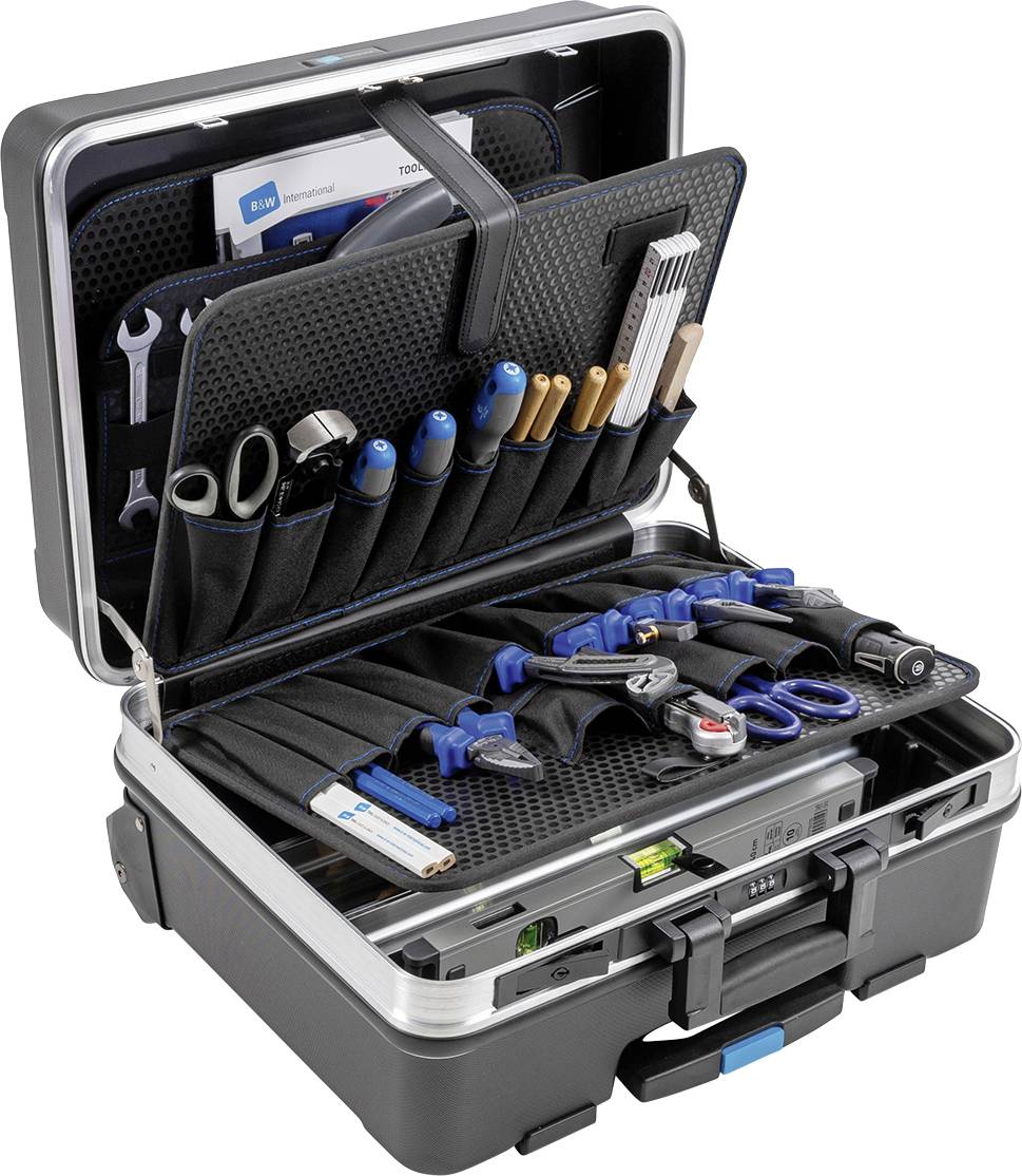 Mallette à outils avec couvercle ouvert montrant une variété d'outils et d'accessoires, organisés dans des compartiments et des sangles.