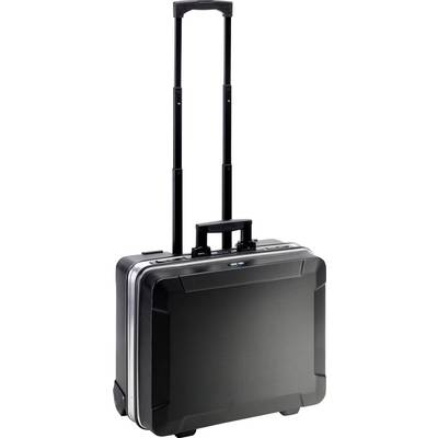 Une mallette noire avec poignée télescopique et roulettes, debout verticalement. Adaptée pour le transport de documents et d'ordinateurs portables.
