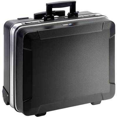 Une valise rigide noire avec une structure solide, munie d'une poignée télescopique et de roues, est posée verticalement.