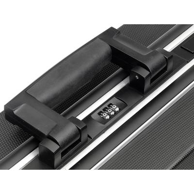 Gros plan sur un cadenas de valise avec un code de combinaison à trois chiffres, une poignée noire au-dessus.