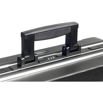 Mallette noire avec serrure à combinaison, gros plan sur la poignée révélant le cadenas et la surface texturée.