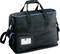 Un sac de transport noir rectangulaire avec des accents bleus et un porte-cartes transparent sur la face avant.