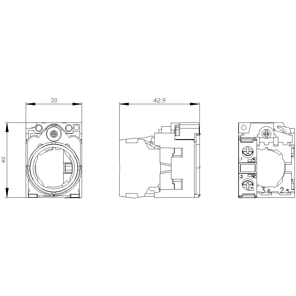 Dessin technique d'un composant électrique rectangulaire avec dimensions : 30x40 mm, profondeur de 42,9 mm. Vues : vue de face, vue latérale et vue arrière.